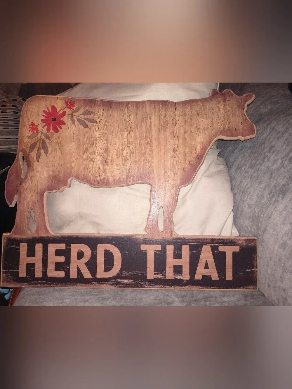 Rustic Cow 'Herd That' Wall Decor in Brown and Red NWT